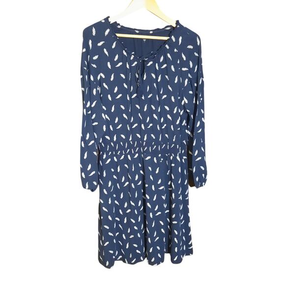 Garnet Hill Womens Keyhole Tie Front Navy Blue Feather Print Dress Size L - Picture 1 of 6